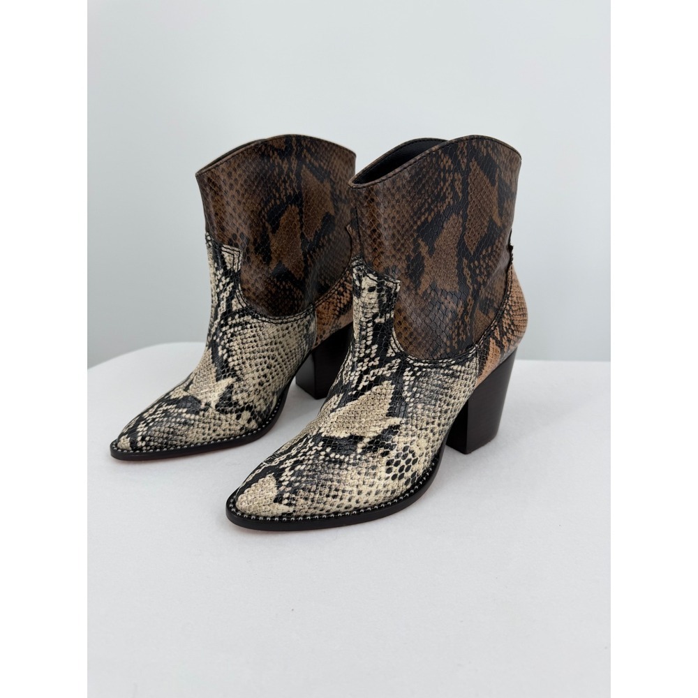 Schutz Snakeskin Revolve Leather Western Ankle Boots Brown Cream Pointed Toe 5.5 - Picture 2 of 9